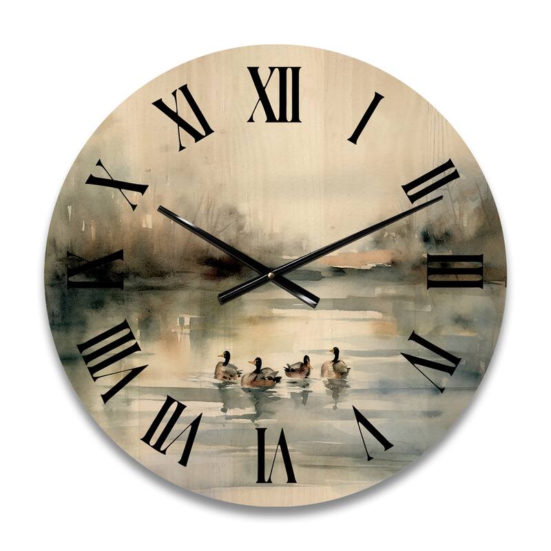Designart "Ducks in Pond II" Animals Oversized Wood Wall Clock Bed